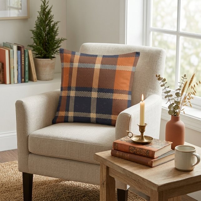 Höst Orange och Blå Rutig Kudde (Autumn Orange and Blue Plaid Throw Pillow)