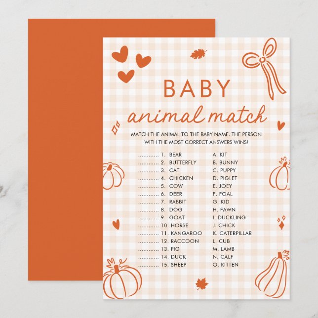 Höst Pumpa Baby Djur Match Baby Shower Spel Inbjudningar (Fram/baksida)