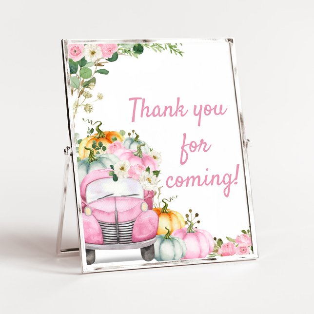 Höst Pumpa Rosa Lastbil Tack för att du kom skylt (Little Pumpkin Pink Truck Baby Shower Thank you for Coming Sign)