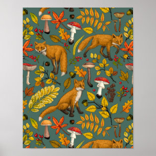 Höst rävar på tall grön poster