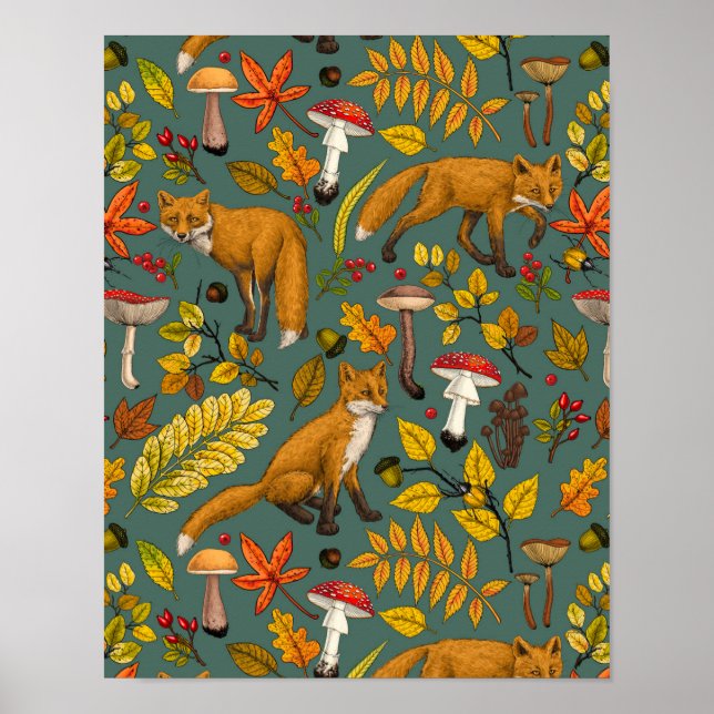 Höst rävar på tall grön poster (Framsidan)