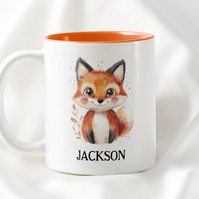 Höst Räven Vattenfärg Djur Enkel Söt Barn Namn Två-Tonad Mugg (Fall Fox Watercolor Animal Simple Cute Kids Name Two-Tone Coffee Mug)