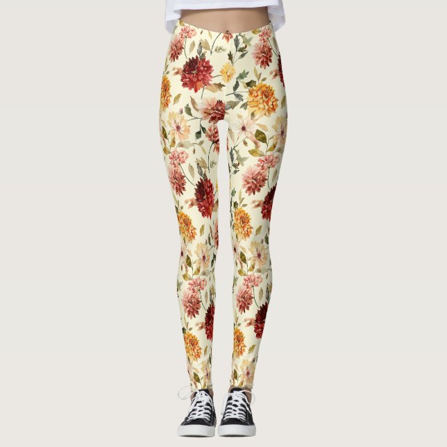 Höst Röda Gula Rosa Blommor Leggings (Framsida)