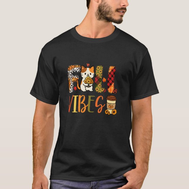 Höst Roliga Vibrationer Tacksgiving Katt Blommor L T Shirt (Framsida)