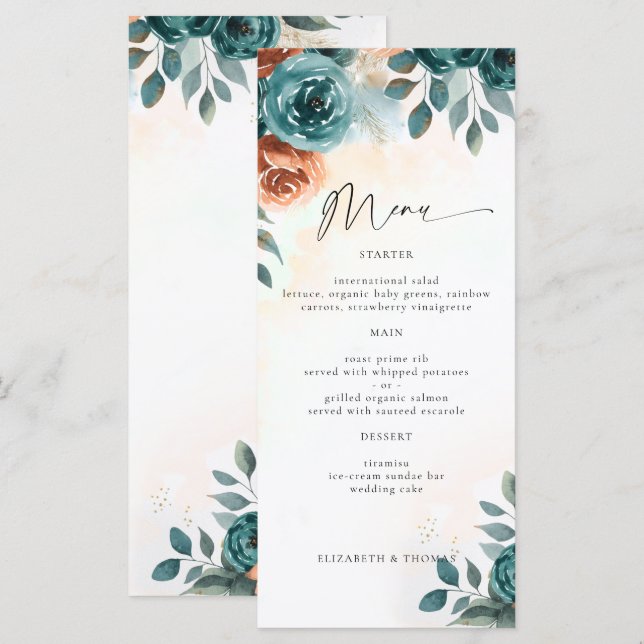 Höst Romantisk Teal Bränd Orange Elegant Bröllop Meny (Fram/baksida)