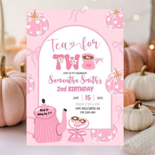 Höst Rosa Whimsical Retro Tea Girl 2:a födelsedage Inbjudningar (Skapare uppladdad)