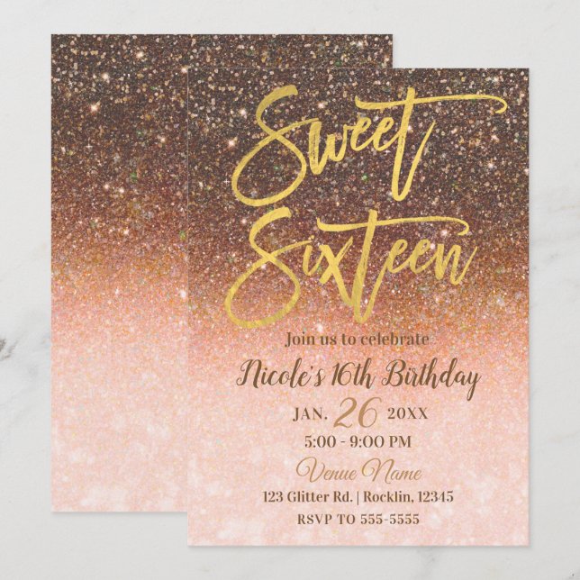Höst Sagostund Fall Glitter Guld Folie Sweet 16 Inbjudningar (Fram/baksida)