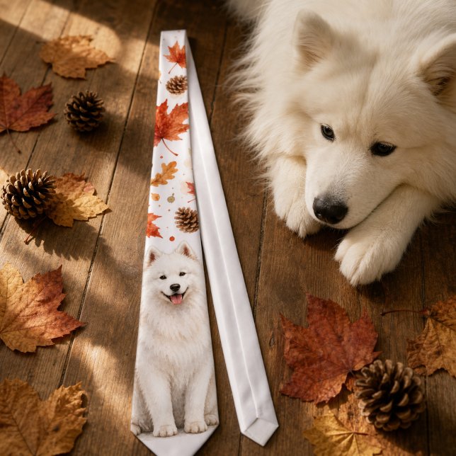 Höst Samojedvattenfärgshalsduk Slips (Autumn Fall Samoyed Watercolor Tie)