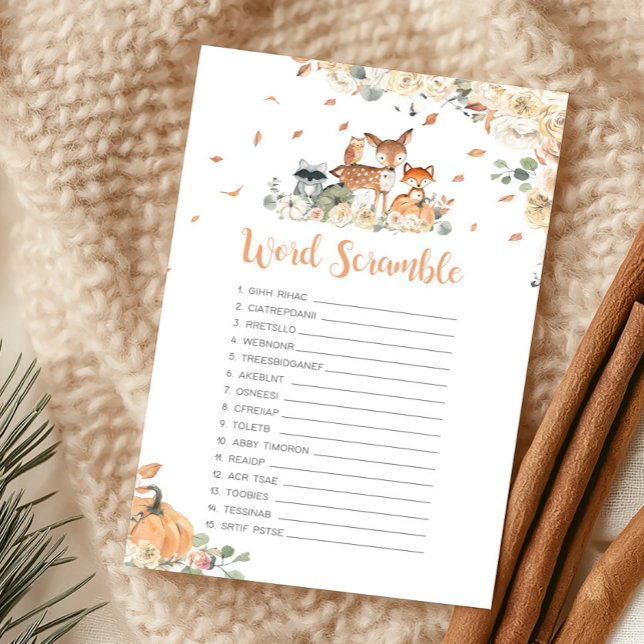 Höst Skogsdjur Ordkrypteringslek (Floral Woodland Animals Baby Shower Word Scramble Game)