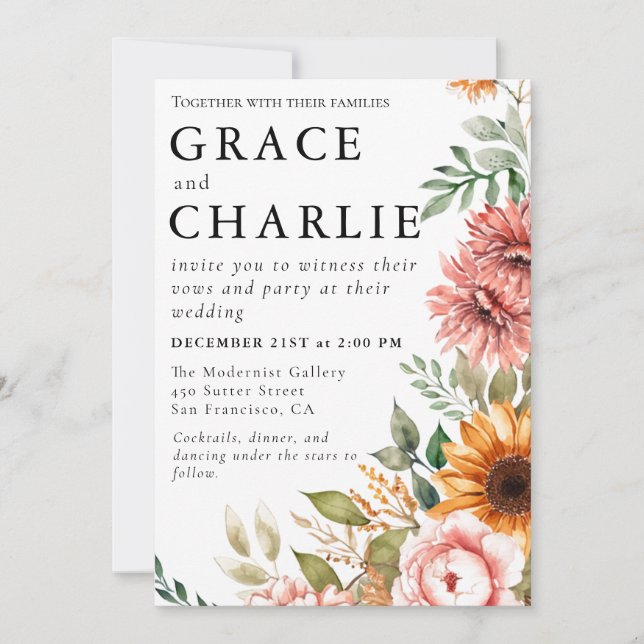 Höst Solros Akvarell Bröllopsinbjudan Inbjudningar (Framsida)