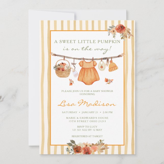 Höst Söt Liten Pumpa Klädstreck Baby Shower  Inbjudningar (Framsida)