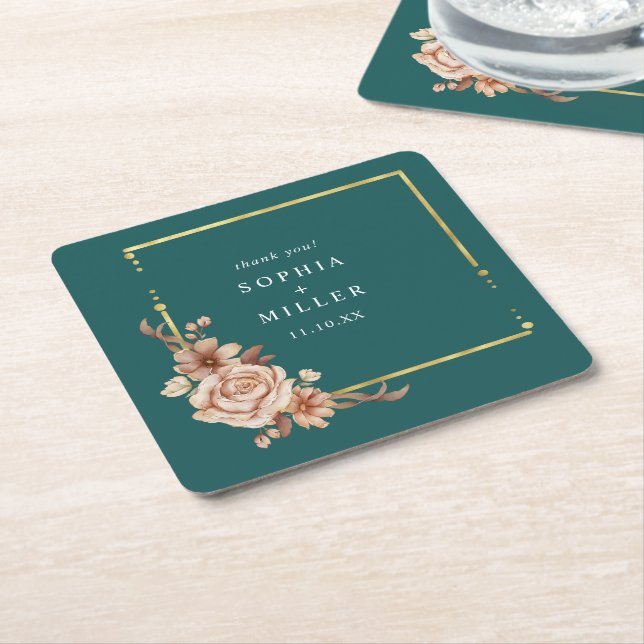Höst Teal Akvarell Terrakotta Blommig bröllop Underlägg Papper Kvadrat (Vinklad)