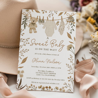 Höst Teddybjörn Klädstreck Baby Shower Inbjudningar