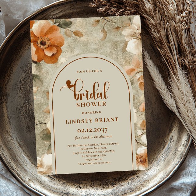 Höst Terrakotta Blommig Bröllopsdusch Inbjudan (Autumn Terracotta Floral Bridal Shower Invitation)