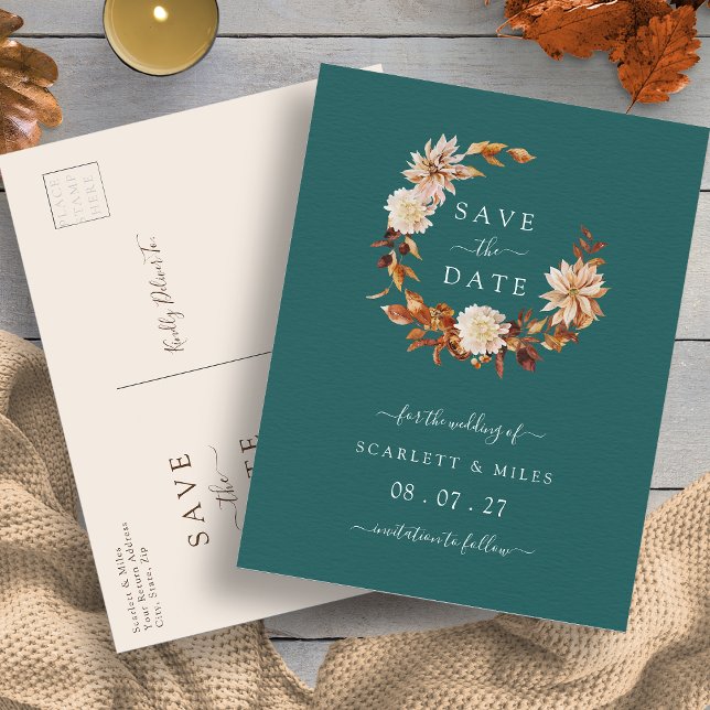 Höst Terrakotta Krans Bröllop Spara Datumen Anno Meddelande Vykort (Fall Terracotta Wreath Teal Wedding Save the Dates Announcement Postcard by Painted Paperie
)