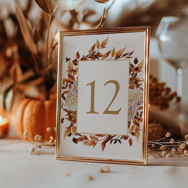Höst Terrakotta Löv Botanisk Bröllop Bordsnummer (Elegant Fall Terracotta Leaves Botancial Wedding Table Number Sign by Painted Paperie
)
