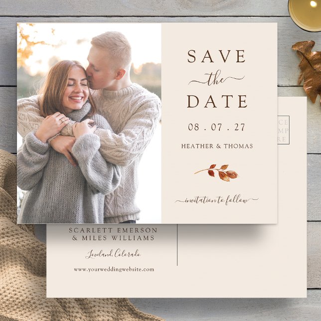 Höst Terrakotta Löv Bröllopsfoto Spara Datum Meddelande Vykort (Fall Terracotta Leaves Wedding Photo Save The Date Announcement Postcard by Painted Paperie
)