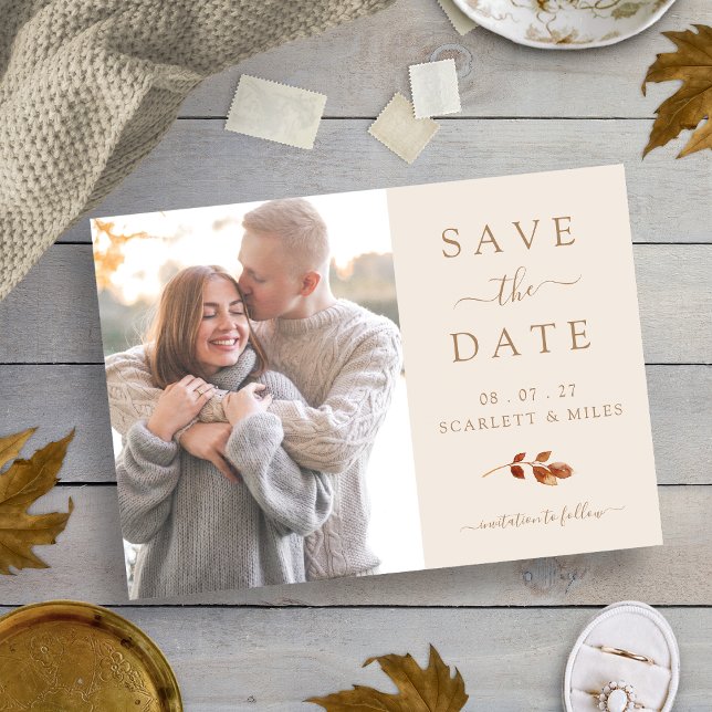 Höst Terrakotta Löv Foto Spara Datum Bröllop Datumet (Fall Terracotta Leaves Photo Save The Date Wedding by Painted Paperie)