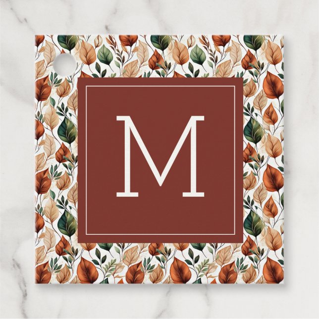 Höst terrakotta och salvia blad mönster monogram gåvor etiketter (Framsida)