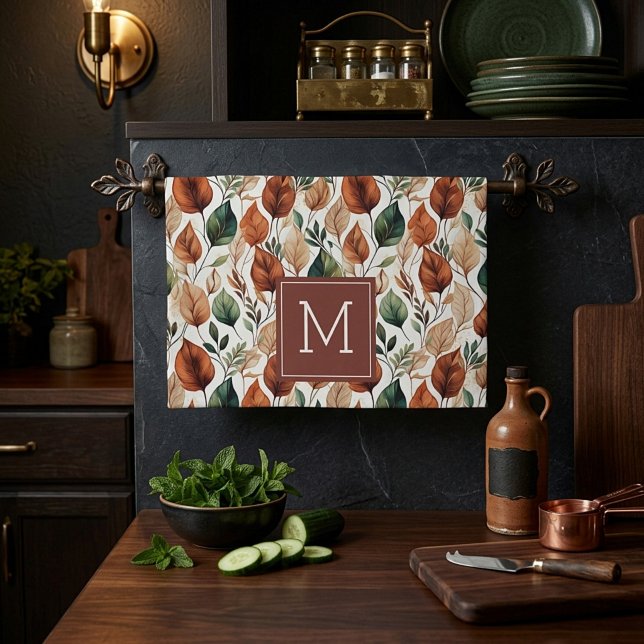 Höst terrakotta och salvia blad mönster monogram kökshandduk (Skapare uppladdad)