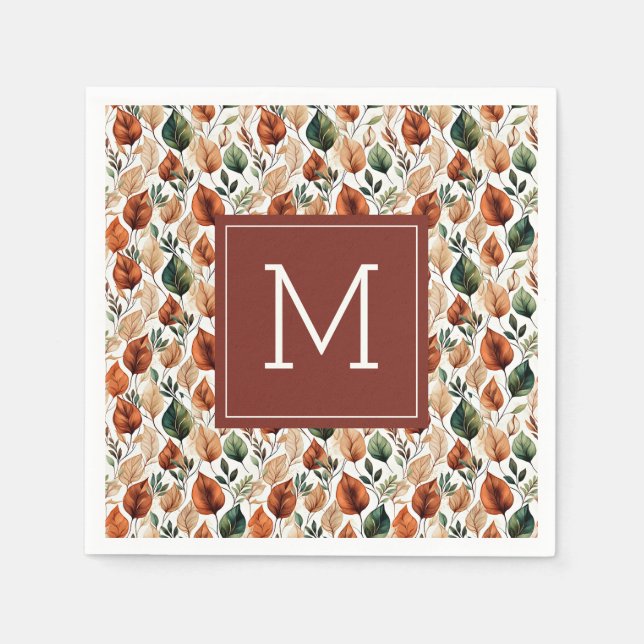Höst terrakotta och salvia blad mönster monogram pappersservett (Framsidan)