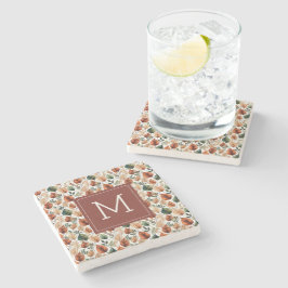 Höst terrakotta och salvia blad mönster monogram stenunderlägg