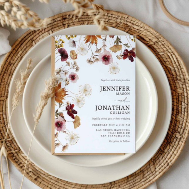 Höst Trädgård Bröllopsinbjudan med Vilda Blommor Inbjudningar (Burgundy Fall Wildflower Wedding Invitation)