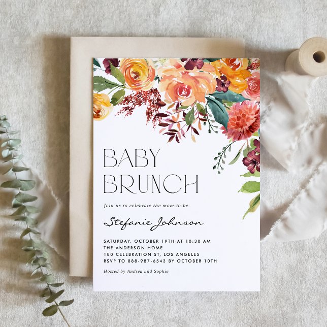 Höst Vattenfärg Blommig Höst Baby Brunch QR-kod Inbjudningar (A sweet autumn baby brunch is on the way! Floral baby brunch QR code invitation.)