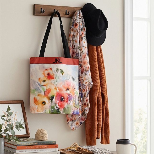 Höst vattenfärg poppies monogram tygkasse (Skapare uppladdad)