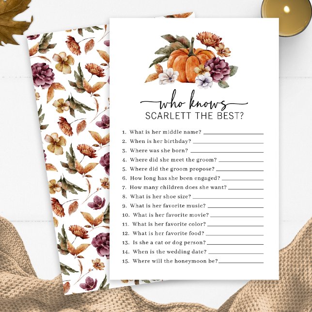 Höst vem som vet bröllopsspelet (Fall Who Knows The Bride Game Fall In Love Bridal Shower Pumpkin Florals by Painted Paperie)