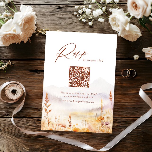 Höst Vildblomma Berg Rustik Bröllops QR-kod OSA Kort (Fall Wildflower Mountain Rustic Wedding QR code RSVP Card)