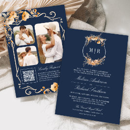 Höst Vildblomma Crest QR-kod Navy Blue Bröllop Inbjudningar