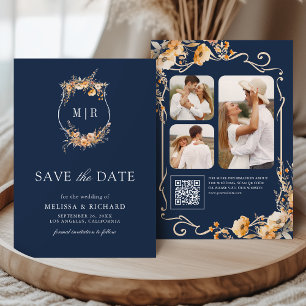 Höst Vildblomma Crest QR-kod Navy Blue Bröllop Spara Datumet