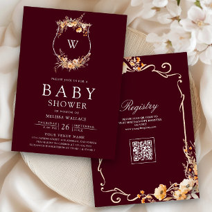 Höst Vildblomma Krön QR-kod Burgunder Baby Shower Inbjudningar