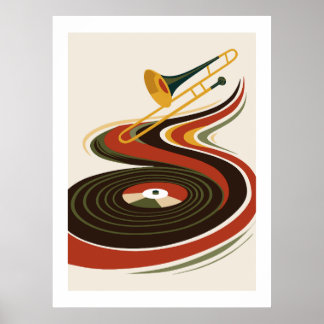 Höst Vintage Jazz Trombon & Vinylskiva Poster