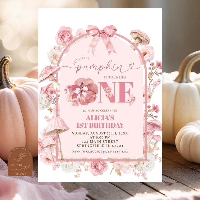 Höst Vit och Rosa Pumpa Första Födelsedagen Inbjudningar (Skapare uppladdad)