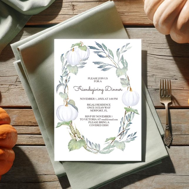 Höst VIT PUMPA Grönska Vänner Gåva Inbjudningar (Friendsgiving invitations fall white pumpkin )