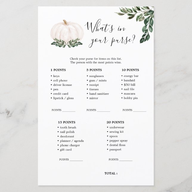 Höst Vit Pumpa Vad Har Du I Din Handväska Spel (Framsida)