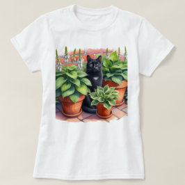 Hosta Trädgård och Svart Katt Vattenfärg  T Shirt
