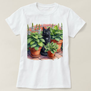 Hosta Trädgård och Svart Katt Vattenfärg T Shirt