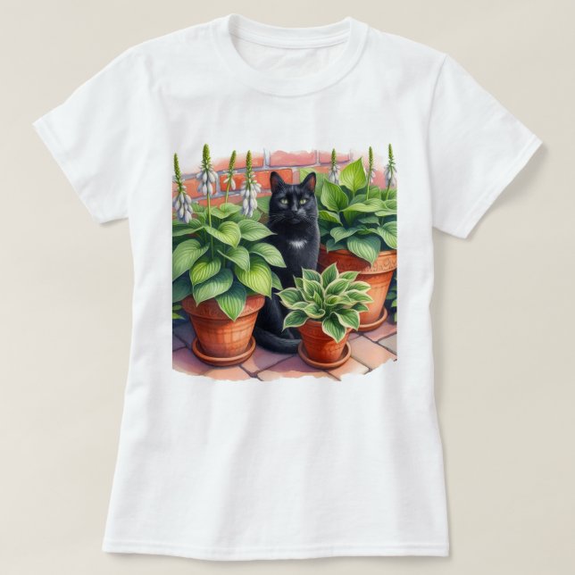 Hosta Trädgård och Svart Katt Vattenfärg  T Shirt (Design framsida)