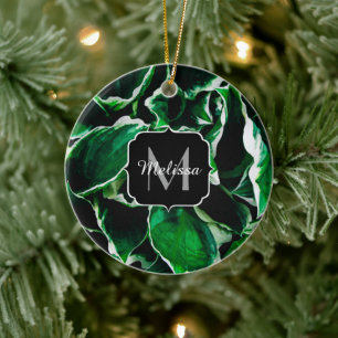 Hosta undulata vibrant grönt plant löv Monogram Julgransprydnad Keramik