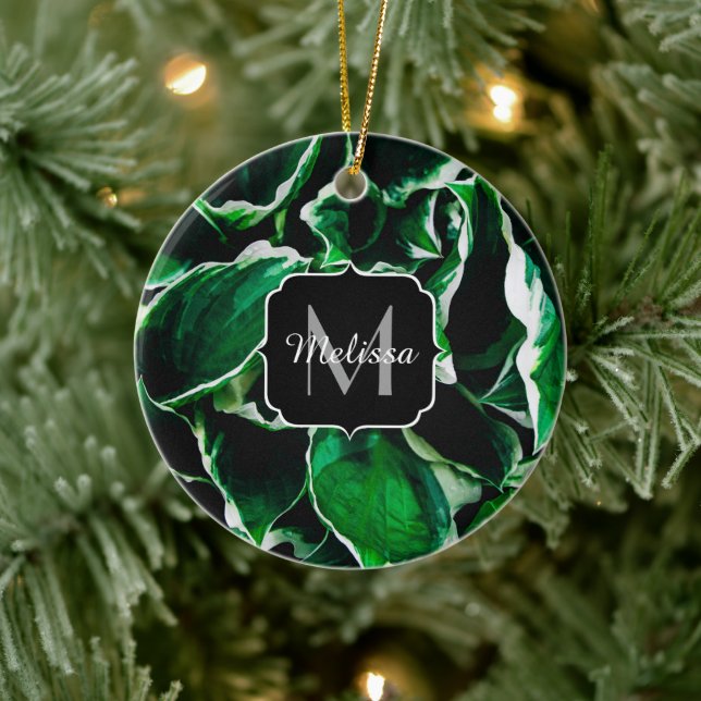 Hosta undulata vibrant grönt plant löv Monogram Julgransprydnad Keramik (Träd)