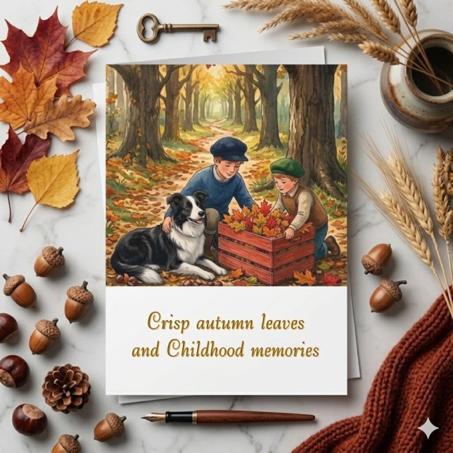 Höstakvarell Barn & Border Collie Nostalgisk Kort (Skapare uppladdad)