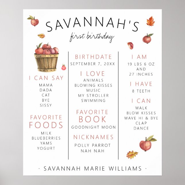Höstäpplen Första Födelsedags Minnesaffisch Poster (Framsidan)