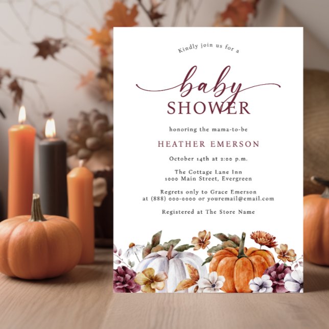 Höstbabyskor Inbjudningar (Fall Burnt Orange Baby Shower Invitation Autumn White Pumpkins Watercolor Burgundy Florals)
