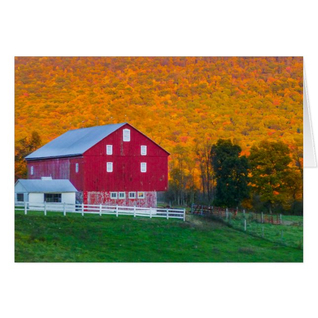 Höstbacke bak röd ladugård hälsningskort (Framsidan Horizontal)