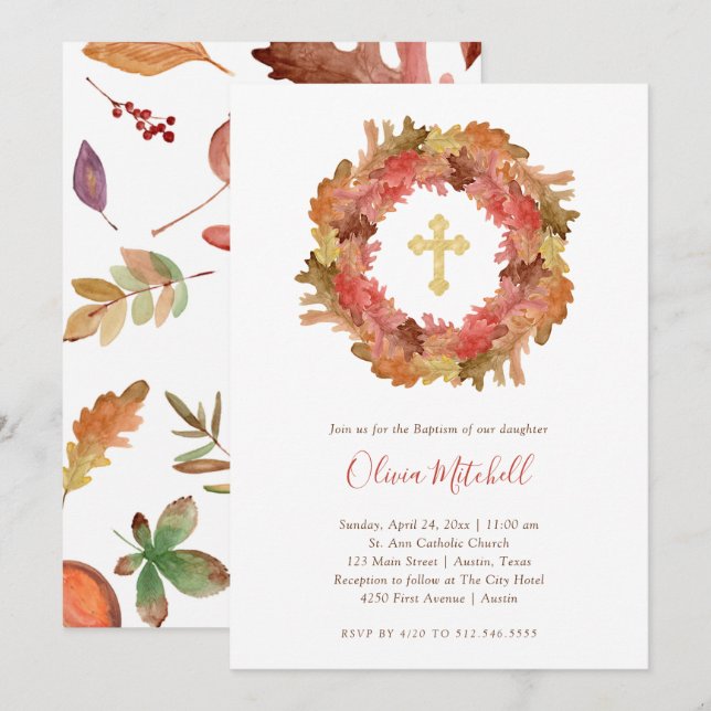 Höstbaptism| Höst löv och Guld Kor Inbjudningar (Fram/baksida)