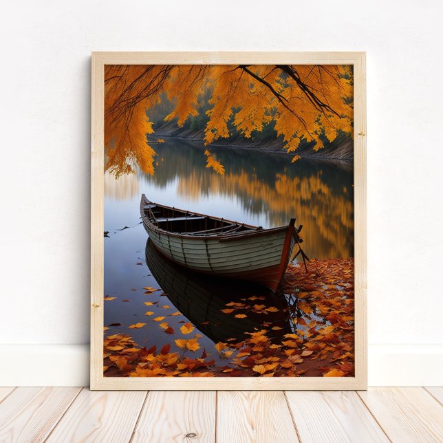 Höstbåt på en transquil River Wall Art Poster (Autumn Boat on a Tranquil River Wall Art in a neutral wooden frame on the floor)