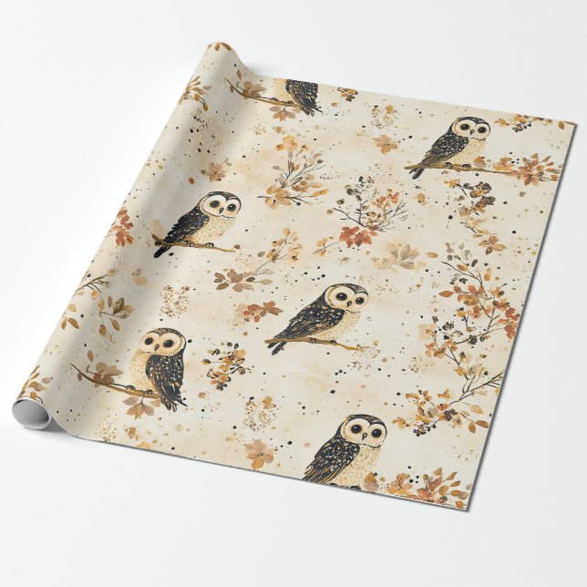 Höstbeige Ugglabotanisk Skogs Mönster Presentpapper (Utrullad)
